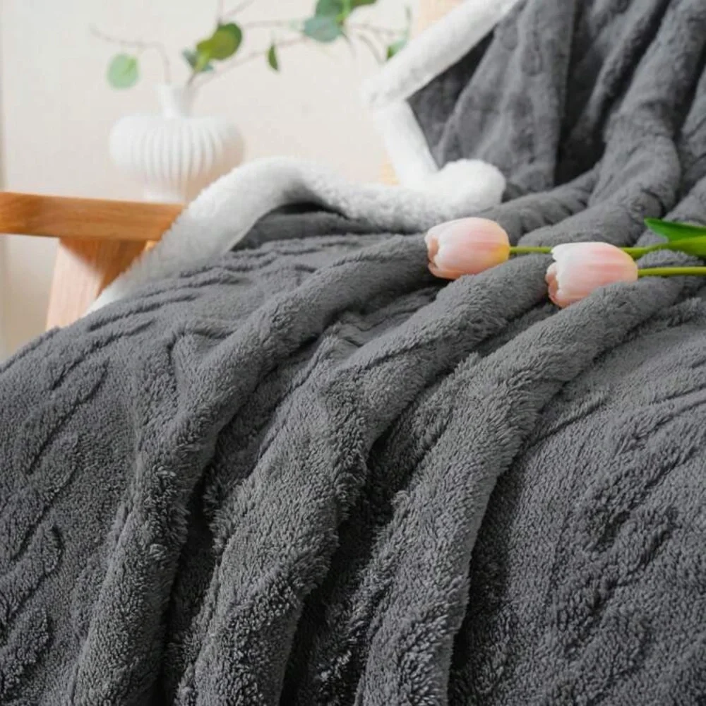Grey Sherpa Fleece Throw Blanket Cable Knit Pattern 59” x 79” New Fall Winter